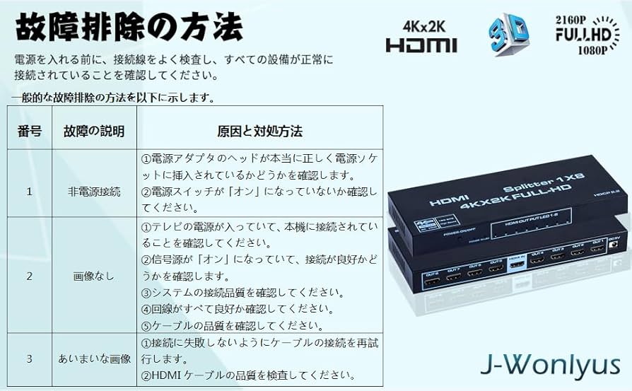Amazon | J-Wonlyus HDMI分配器 スプリッター 1入力8出力 4K